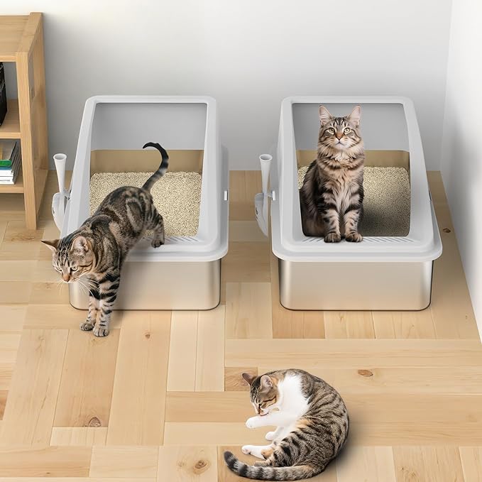 2 Pack Stainless Steel Litter Box | XL Enclosed Cat Litter Boxes with Lid for Big Cats and Multi-Cats | High Sided, Anti-Urine Leakage | Non-Stick Bottom（Silver Gray）