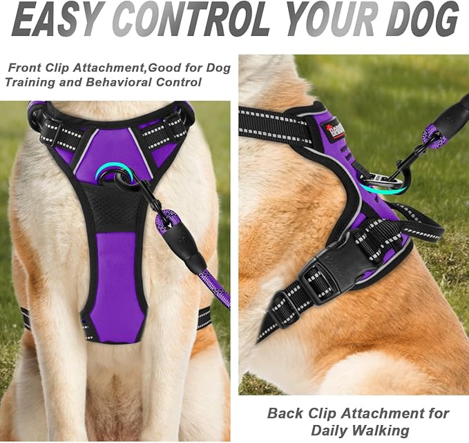 BARKBAY No Pull Dog Harness Front Clip Heavy Duty Reflective Easy Control Handle for Large Dog Walking(Purple,XL)