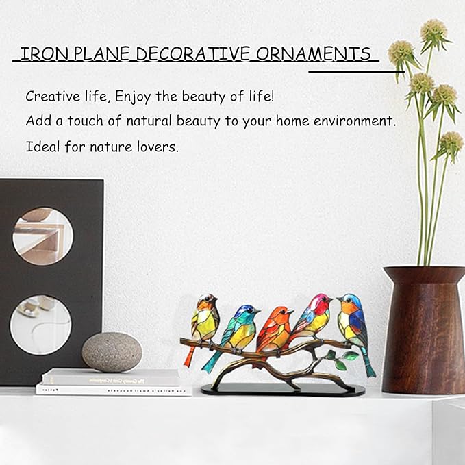 5 Birds on a Branch, Metal Desktop Decorations, Home Bird Decorations for Office, Window, Aviary, Garden, Gifts for Bird Lovers, Boxed Set.
