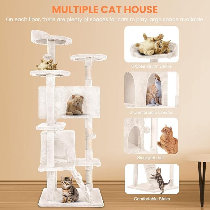54.7 inches Cat Tower for Indoor Cats, Multi-Level Cat Condos with Scratching Posts, Hanging Toys, Beige