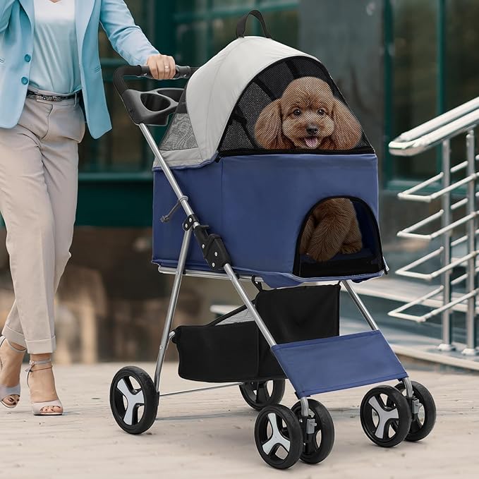 Magshion Foldable Pet Stroller, 3-in-1 Dog Travel Jogger with Detachable Carrier, Cup Holder, Storage Basket, Folding Carrier for Small/Medium Dogs & Cats Up to 33 lbs, Navy Blue