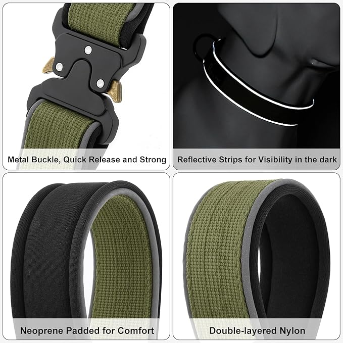Plutus Pet Tactical Dog Collar, Reflective, Adjustable Heavy Duty Dog Collar, Soft Padded and Comfortable, for Small Medium and Large Dogs (Ranger Green, L)