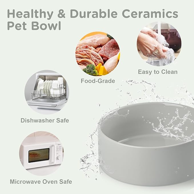 SPUNKYJUNKY Elevated Dog Bowls Ceramic, 6.1'' Dogs and Cat Food Water Bowls Raised with Non-Slip Bamboo Stand for Medium Sized Breed Microwave Dishwasher Safe - 28.7 OZ,Grey
