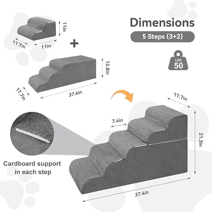 𝟱 𝗦𝘁𝗲𝗽𝘀 Dog Stairs for High Beds, 21.3" Tall Pet Steps for Small to Large Dogs & Cats, Waterproof with Removable Cover & PE Support Board for Bed, Couch, or Car