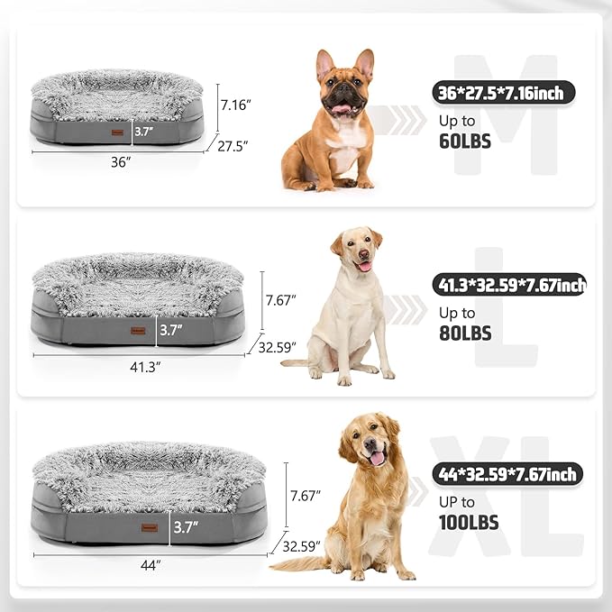 3.7 inch Thickened Orthopedic Dog Beds for Large Dogs, Supportive Dog Sofa Bed with 28D Egg-Crate Foam, Removable Washable Plush Cover, Waterproof Lining, Half-Round Design for Puppy, Senior Dog