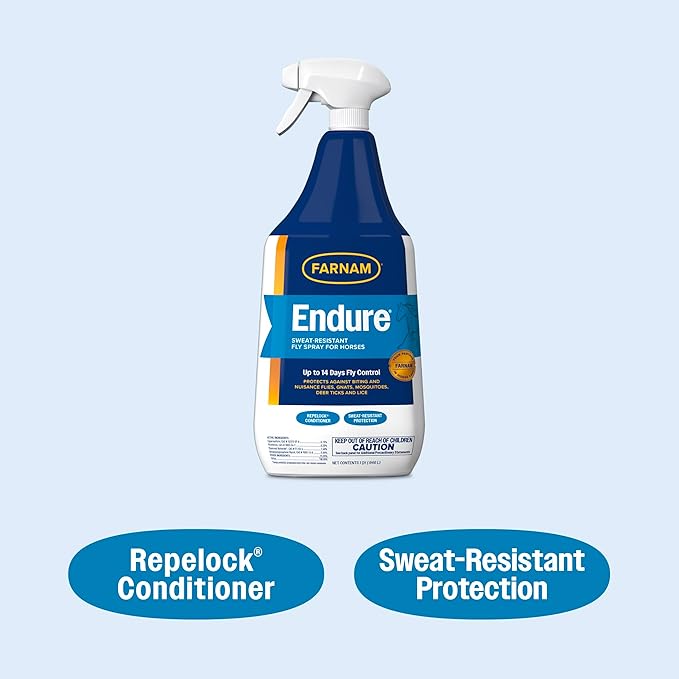 Farnam Endure Sweat-Resistant Fly Spray for Horses, Lasts Up to 14 Days, Protects Against Flies, Gnats, Mosquitoes, Ticks & Lice, 32 oz.
