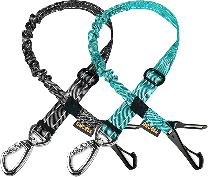 AUBELL Dog Seat Belt for Car,2 Pack Set 3-in-1 Adjustable Reflective Bungee Heavy Duty Dog Car Harness Tether with Clip Hook Latch & Buckle,Swivel Zinc Alloy Carabiner,Black+Teal