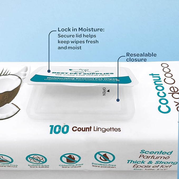 Best Pet Supplies Pet Wipes for Dogs - Dog Wipes Cleaning Deodorizing, for Coats, Ears, Paws - Moisturizing, Coconut, 100 Count