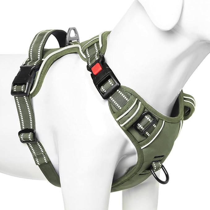 Timos Dog Harness Large Sized, No Pull Pet Harness with Neck Lockable Snap,No Choke Front Clip Dog Reflective Vest,Adjustable Metal Rings 3 Buckles,Easy Control Handle for Large Dogs Green L
