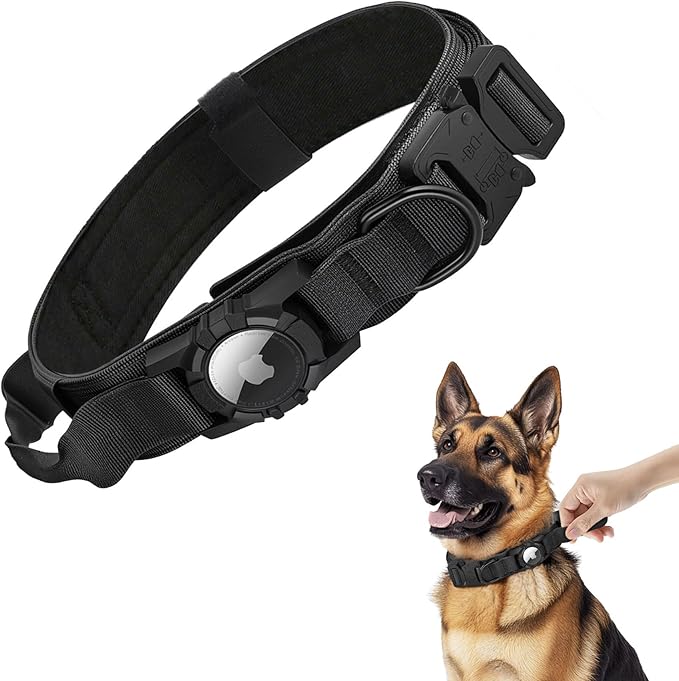 Tactical AirTag Dog Collar - Heavy Duty, Adjustable GPS Collar Compatible with Apple AirTag, with Holder & Control Handle for Medium/Large Dogs [ Black, XL ]