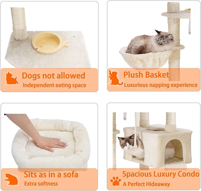 Heybly Cat Tree, Cat Tower for Indoor Cats with Scratching Board, Multi-Level Cat Furniture Condo with Feeding Bowl, Beige HCT010M