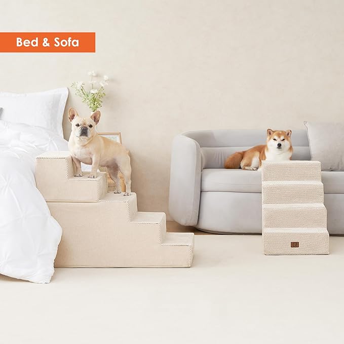 EHEYCIGA Dog Stairs for High Bed 25" H, 5-Step Extra Wide Dog Steps for Bed, Pet Steps for Small Dogs and Cats, Non-Slip Balanced Pet Ramp Indoor, Beige