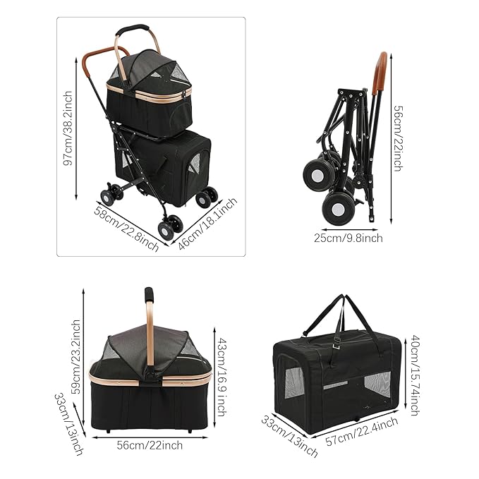 Double Pet Stroller for Dogs and Cats, Foldable Dog Stroller Travel Carriage with Detachable Carriers, Safety Belts, and 4 Lockable Wheels for Small to Medium Pets (Black)