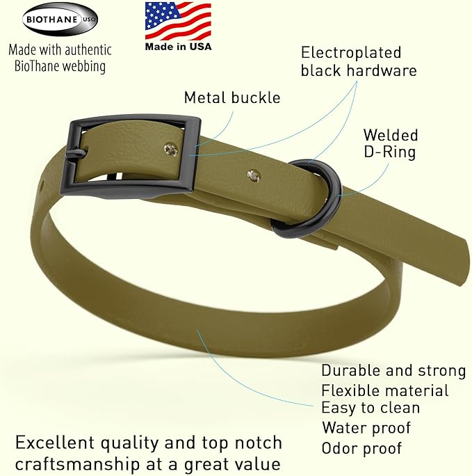 Dogline Biothane Waterproof Dog Collar Strong Coated Nylon Webbing with Black Hardware Odor- Proof for Easy Care Easy to Clean High Performance Fits Small Medium or Large Dogs, Olive Drab Green