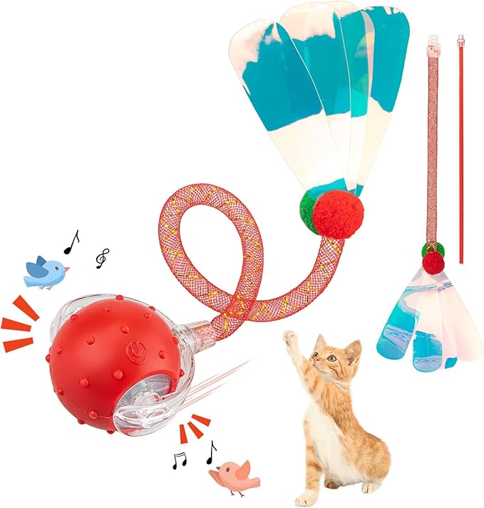 Interactive Cat Toys Ball for Indoor Cats, Automatic Agile Rolling Cat Ball with Elastic Mesh Tail, Bird Chirping & Motion Activated, 2 Tail Accessories, Kitten Toy for Bored (Red)