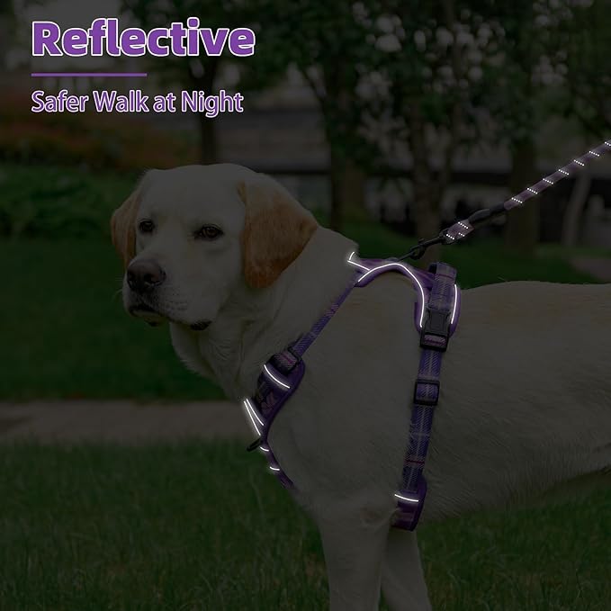 PUPTECK No Pull Dog Harness for Large, Adjustable Reflective Dog Harness with Handle Easy Control, Comfortable Soft Padded Pet Vest Harness for Large Dogs, Plaid Purple XL