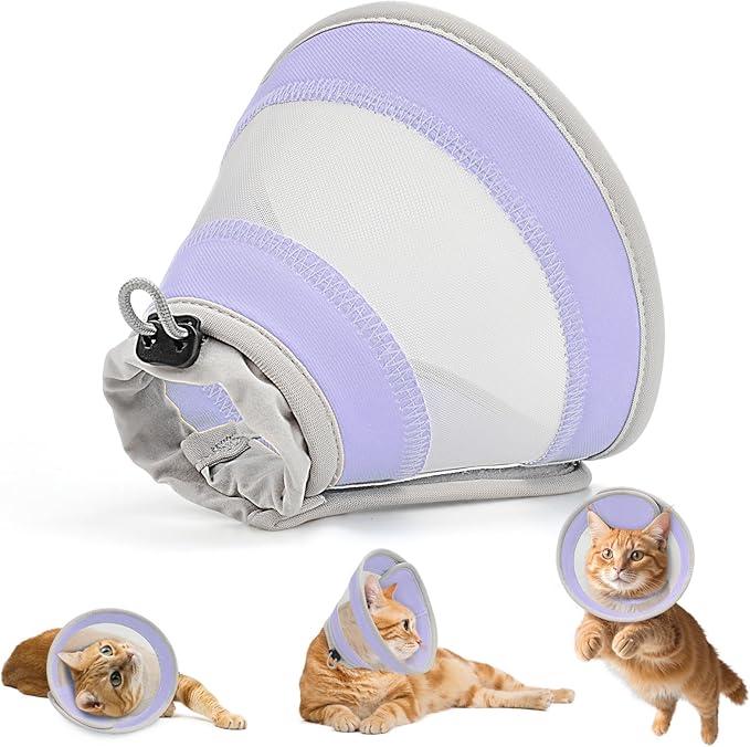 Breathable Air Mesh Cat Cone Collar Soft to Stop Licking, Adjustable, Foldable Lightweight Kitten Cones After Surgery Recovery for Cats & Kittens (Light Purple,M)