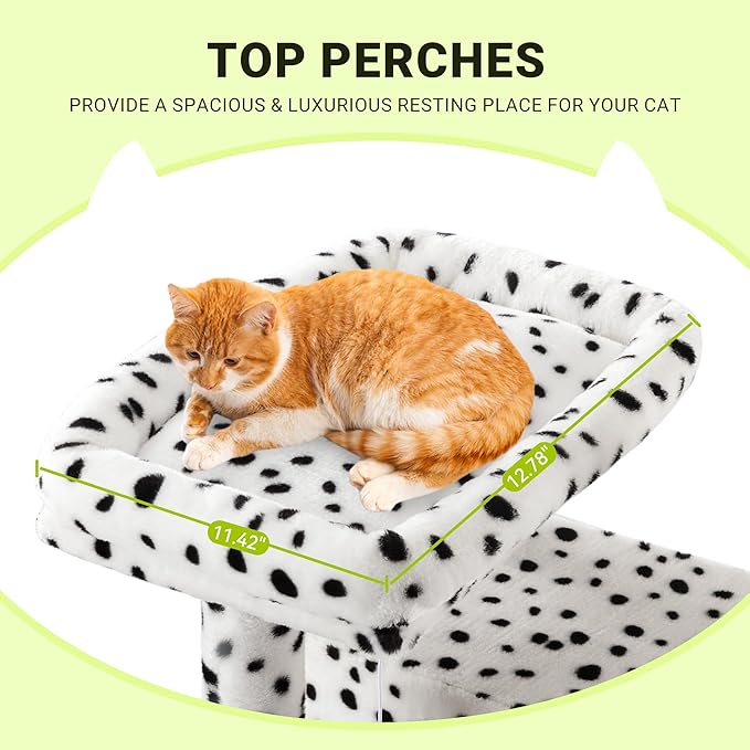 Allewie 64 Inches Cat Tree Tower/Multi-Level Activity Center for Indoor Big Felines/2 Plush Condos/2 Perchs/Basket/House/Sisal Scratching Posts/Hanging Cat Toys/White & Black Spot