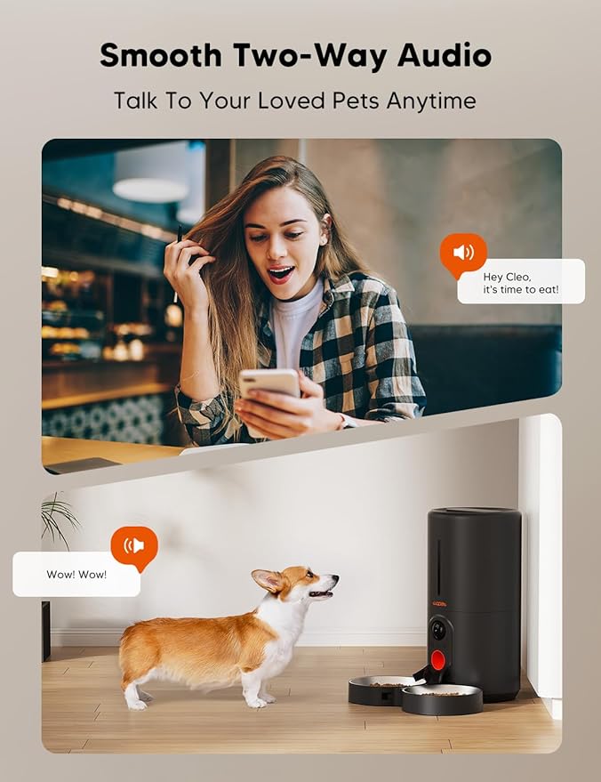 WOPET Automatic Cat Feeder with Camera for Two Cats, 6L Automatic Dog Feeder with HD Video and Night Vision, 5G/2.4G WiFi Pet Feeder for Cats & Dogs, SD Card Storage & 2-Way Audio