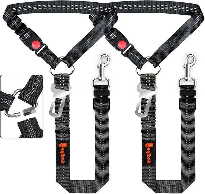 Removable Dog Seat Belt Harness for Car, 3 in 1 Pet Dog Car Seatbelt Leash, Retractable Restraint Secures to Vehicle Headrest & Adjustable Reflective Bungee Dog Seatbelt Tether, Black