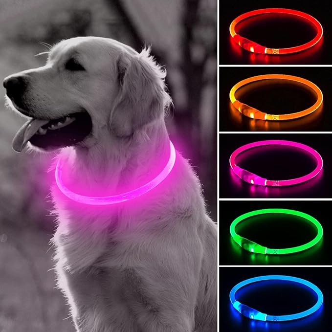 BSEEN Light Up Dog Collar, Rechargeable LED Dog Collar Waterproof Glowing Pet Collar TPU Cuttable Lighted Puppy Collar Safety Dog Lights for Night Walking (Pink 70cm)