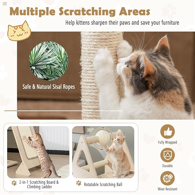 Tangkula Modern Wood Cat Tree for Indoor Cats, 64 Inch Multi-Level Tall Cat Tree with Scratching Rotatable Ball & Posts, Sisal Ramp, Hanging Basket, Large Cat Tower with Plush Perch, Washable Mats