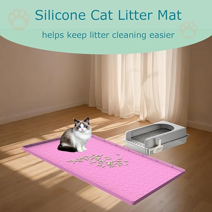 Cat Litter Mat, Silicone Large Cat Mat for Litter Box - 28x22 in, Waterproof & Non-Slip, Durable & Easy Clean, Pink