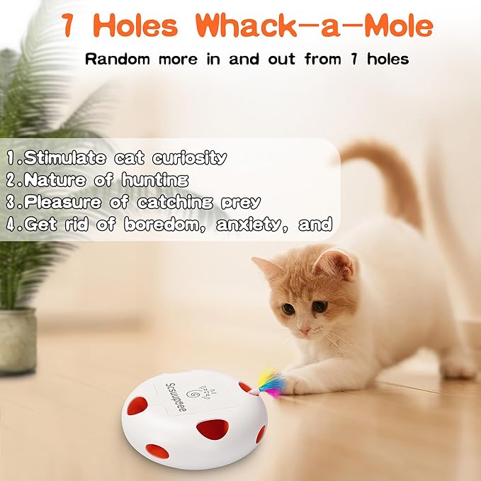 Interactive Cat Toy, Electric Cat Toys for Moving Concealed Feathers, Smart Sensor 7 Holes Whack a Mole Feather Toy, USB Charge Automatic Kitten Toys,White