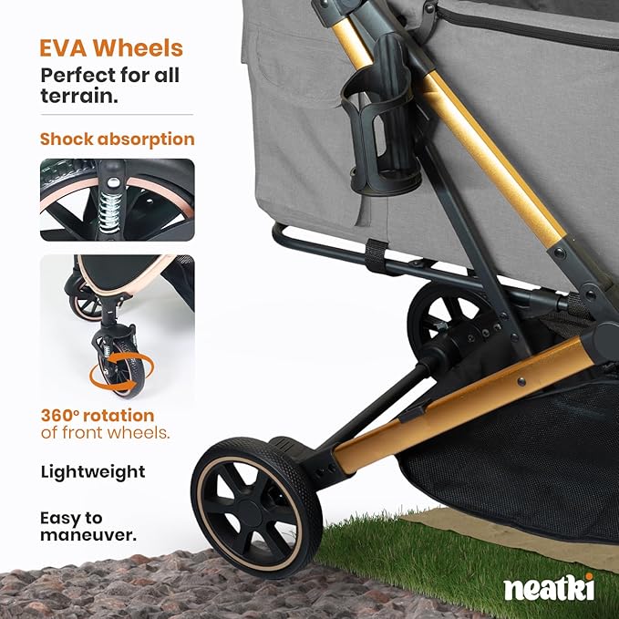 Foldable Pet Stroller for Dogs and Cats, 33 lbs Capacity, 360° Swivel Front Wheels, One-Click Fold, Brake System, Leash & Lock Clips, Removable Washable Padding, and Cup Holder (Gray, 33 lbs)