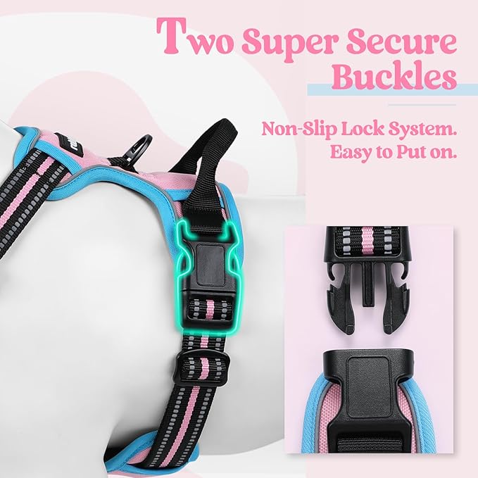 rabbitgoo Dog Harness No Pull with 2 Leash Clips, Adjustable Soft Padded, Reflective Oxford No Choke Pet Vest with Easy Control Handle for Medium Sized Dogs, Pink & Blue, M