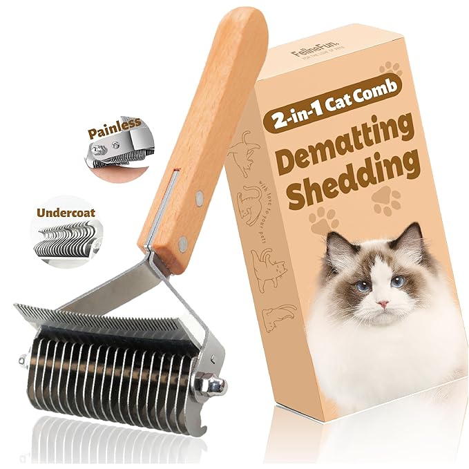 FelineFun Cat Brush for Dematting & Deshedding, 2 in 1 Undercoat Rake, Efficiently Remove Loose Hair & Matted Fur, Professional Shedding Comb for Indoor Cats & Long Haired Cats