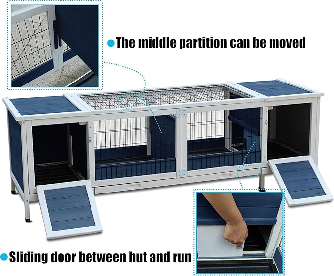 Rabbit Hutch Indoor Leakproof Bunny Cage Fir WoodenOutdoor Bunny House with Wire Floor Leakproof Plastic Tray (Blue)