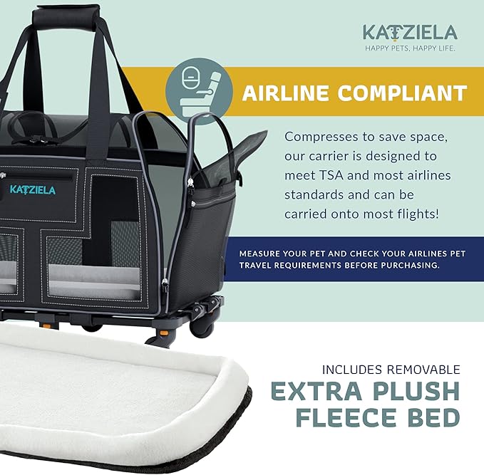 Airline Compliant Pet Carrier - Rolling Portable Travel Carry Crate for Small Dog, Puppy or Cat - Soft Removable Wheeled Design with Mesh Window Sides - Airplane and TSA Compliant- by Katziela