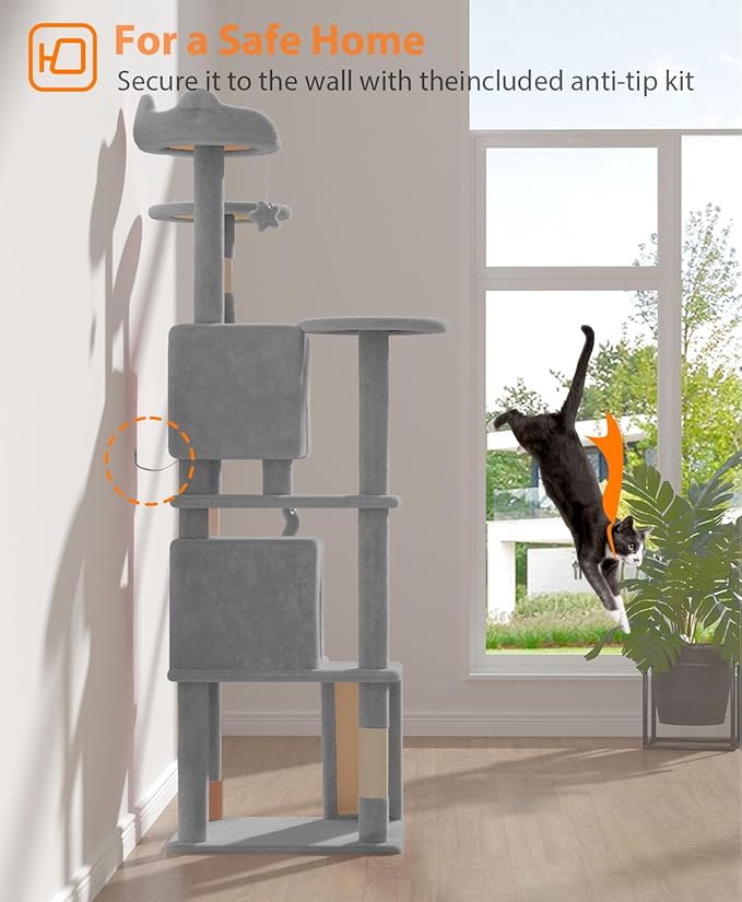 70'' Cat tree Tower for Indoor Cats Large Adult,Cute/Tall Modern Cat Tree for Big Cats 20 lbs,Plush Multi-Level Cat Condo with Scratching Posts,Dangling Ball for fun play(Light Gray, 70 inch)