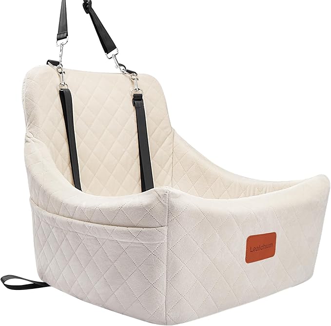 Dog Car Seat for Medium Dogs,Easy to Install with Adjustable Straps,Anti-Slip Bottom,Fully Detachable and Washable,Soft Fabric Fill in Memory Foam,Two Side Pockets(Beige,Medium)