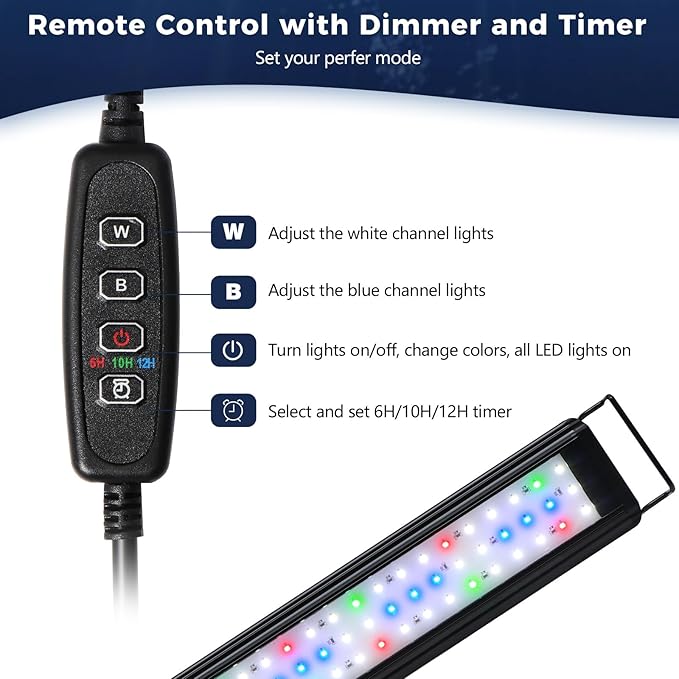Tatub 19W LED Aquarium Light for 30"-36" Fish Tank, Full Spectrum Fish Tank Light with White Blue Red Green LEDs, 10 Levels of Brightness，Timer Auto On/Off
