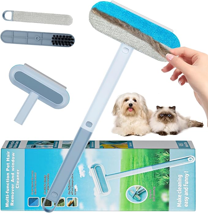 Multifunctional Pet Hair Remover Tool, 4 in 1-Reusable Washable Long Handle Dog&Cat Fur Hair Remover for Furniture,Carpet,Couch,Clothes,Bedding,Car,Window,Better Than Lint Rollers, with 2 Scrapers