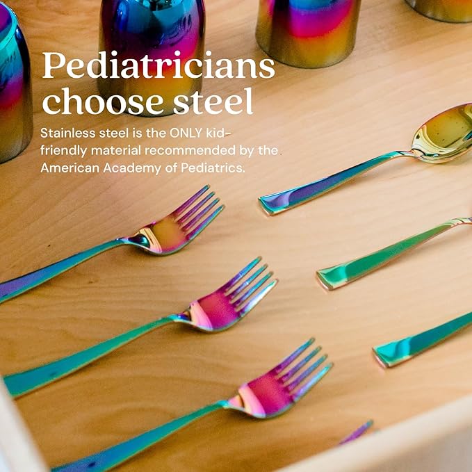 Ahimsa Stainless Steel Kids Utensils - Kids Fork and Spoon Set, Pediatrician Designed Rainbow Silverware Set, 100% BPA Free & Dishwasher Safe (Rainbow)