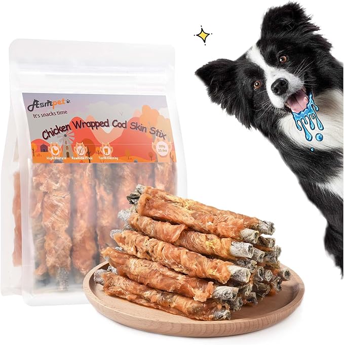 ASMPET Dog Treats Chews, Chicken Wrapped Cod Skin Sticks, Rawhide Free Cod Skin Treats for Dogs, 10.6 oz