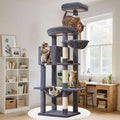 Taoqimiao MS042G Cat Tree,66-inch Large Cat Tower with Scratching Posts, Luxurious Large Platform for Big Cats with Soft Hammock, Adjustable Basket, Deluxe Cat Cando, Top Perch Smoke Gray