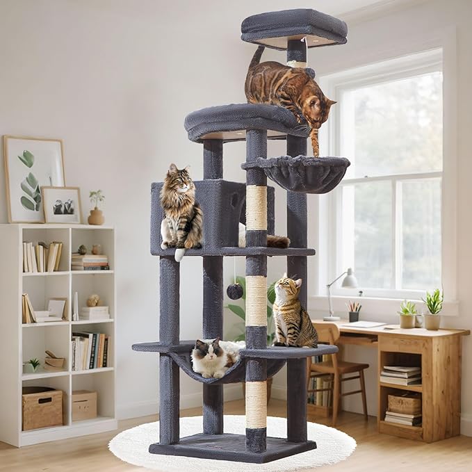 Taoqimiao MS042G Cat Tree,66-inch Large Cat Tower with Scratching Posts, Luxurious Large Platform for Big Cats with Soft Hammock, Adjustable Basket, Deluxe Cat Cando, Top Perch Smoke Gray