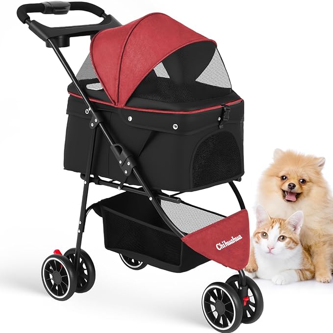 Pet Stroller,Dog Stroller for Small Medium Dogs Cats,3 Wheels,Foldable,with Breathable Mesh Canopy,Cup Holders,Easy Assembly,Red+Black