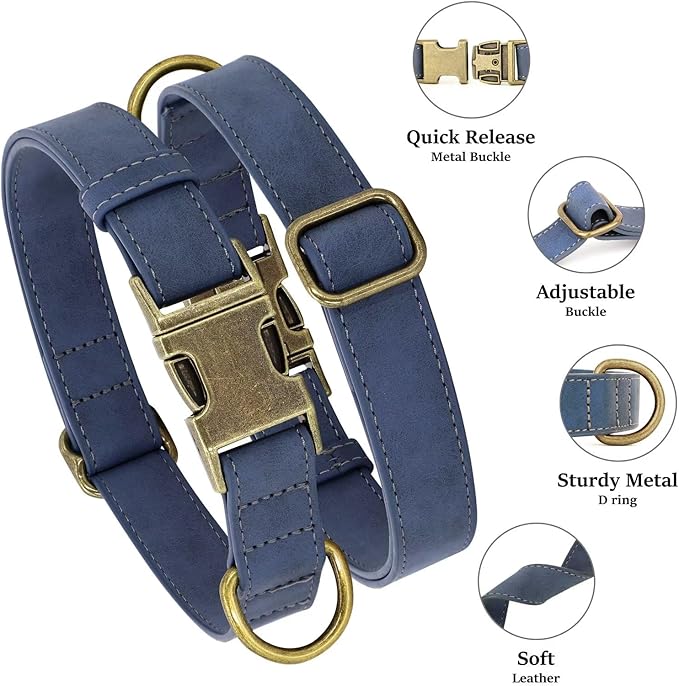 Didog Soft PU Leather Dog Collar, Stylish Quick Released Dog Collars for Small Dogs, Easy Clean Adjustable Pet Collar for Daily Walking, Blue, S Fit 10-16" Neck