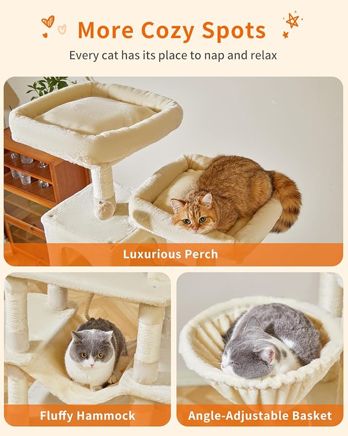 Taoqimiao Cat Tree, 71.7-Inch Cat Tower for Indoor Cats, Plush Multi-Level Cat Condo with 13 Scratching Posts, 2 Perches, 2 Caves, Hammock, 2 Pompoms,Beige MS013LM