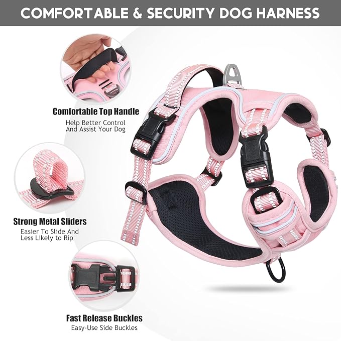 Timos Dog Harness, 3 Snap Buckles No-Pull Soft Padded Dog Vest with 2 Metal Leash Clips, Adjustable Reflective No Choke Pet Harness with Easy Control Handle for Large Dogs,Pale Pink,L