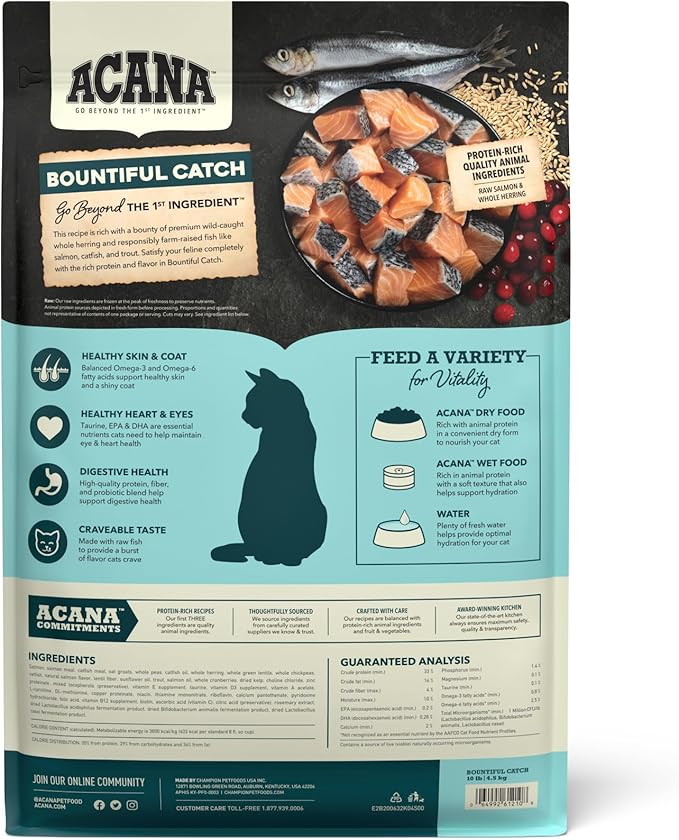 ACANA Dry Cat Food Bountiful Catch Salmon Catfish and Herring 10lb Bag