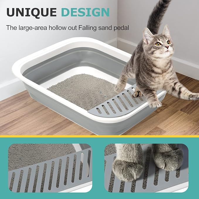 Foldable Cat Litter Box, Large Height-Adjustable Anti-Splash Open Air Kitty Litter Pan, Easy Clean with Scoop (Gray)