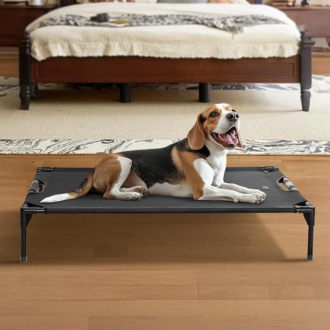 Petsfit Elevated Raised Outdoor Dog Bed - Cooling Elevated Dog Cot, Upgraded Adjustable Firmness Pet Bed，Pet Hammock Bed with Chew Proof Breathable Teslin Mesh，Non Slip, Black 42”
