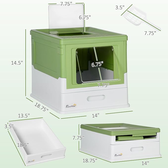 PawHut Fully Enclosed Cat Litter Box with Scoop, Hooded Cat Litter House with Drawer Type Tray, Foldable Smell Proof Potty with Front Entry, Top Exit, Large Space, Yellowish Green