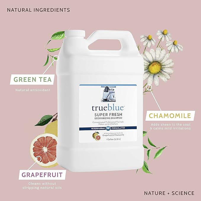 TrueBlue Grapefruit & Chamomile Concentrated Deodorizing Dog Shampoo – Cleansing Wash, Moisturizing – Toxin Free, Natural Botanical Blend – Tearless – 1 Gallon